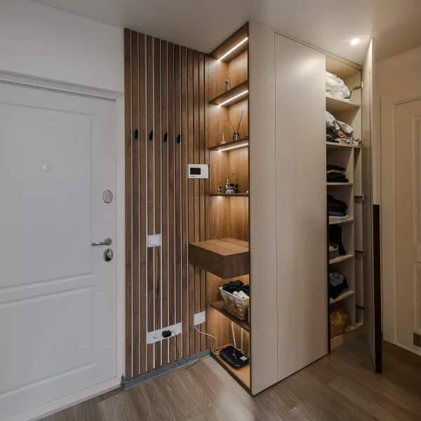 Светлая прихожая с элементами дерева — заказать в Минске